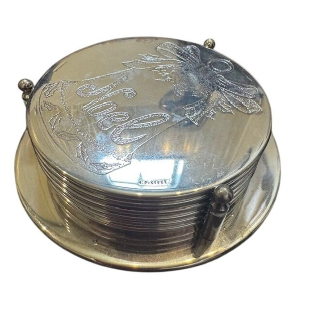 Vintage Silver Plated Noel Coasters Set Of 6 With Green Felt Backing